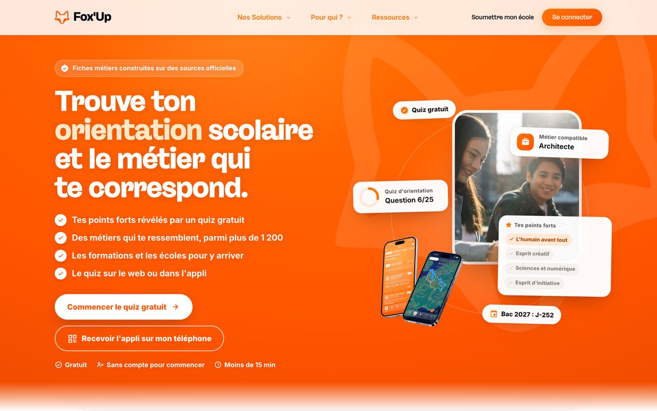 Page d’accueil de foxup.school, le site de Fox’Up : quiz d’orientation et métiers