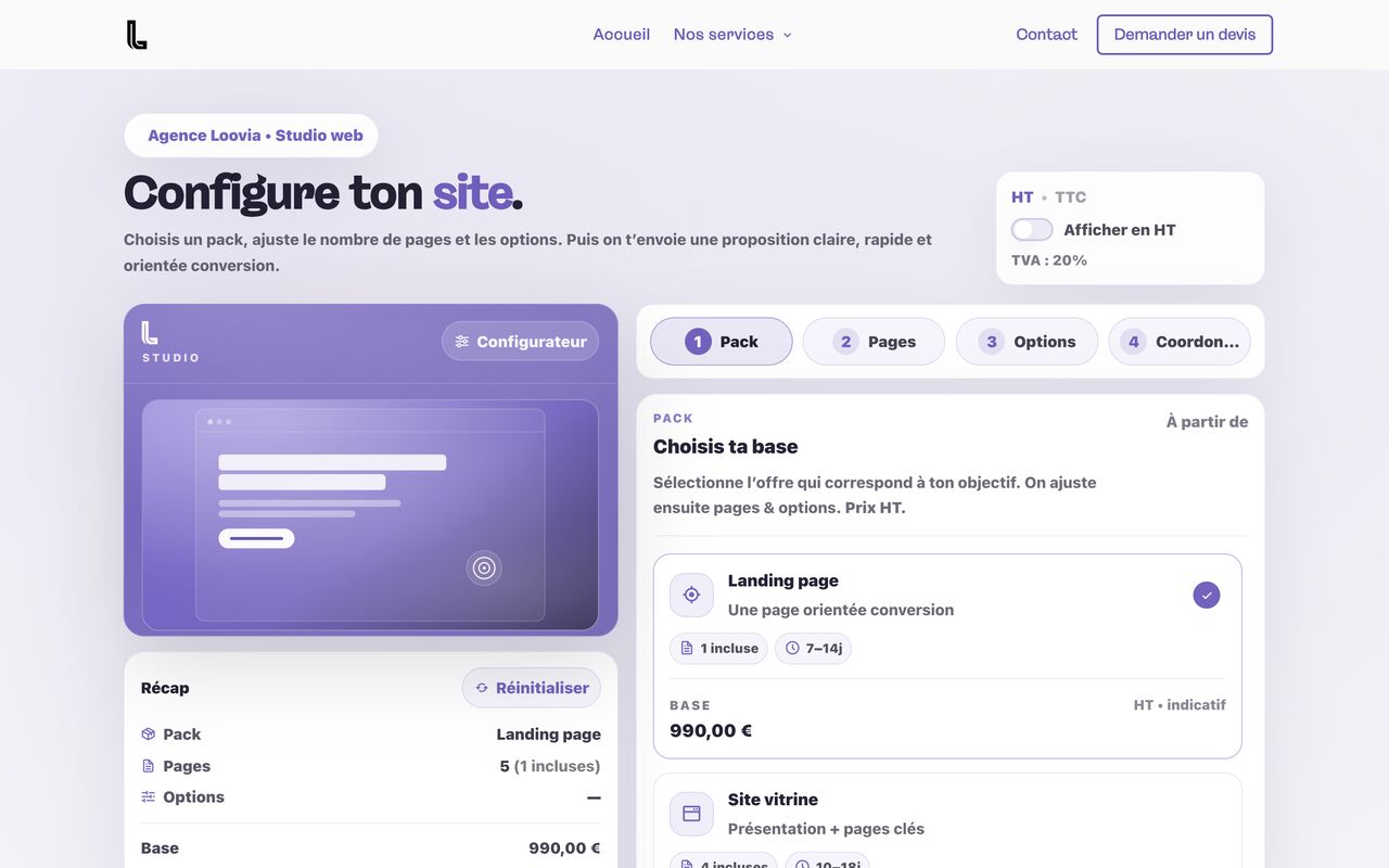 Studio, le configurateur de Loovia : choix de la formule et estimation en direct